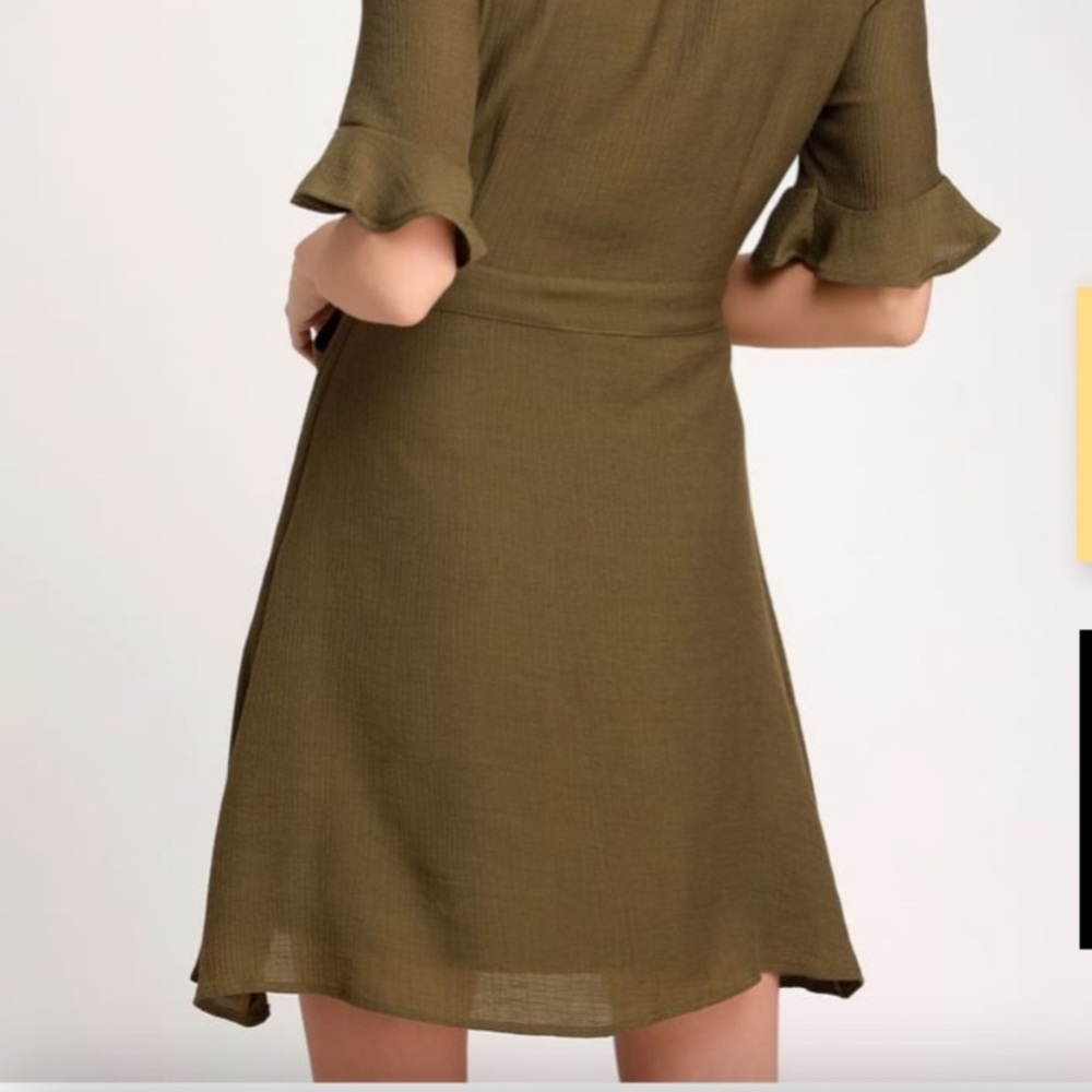 Olive Green Flounce Sleeve Dress - Picture 4 of 6